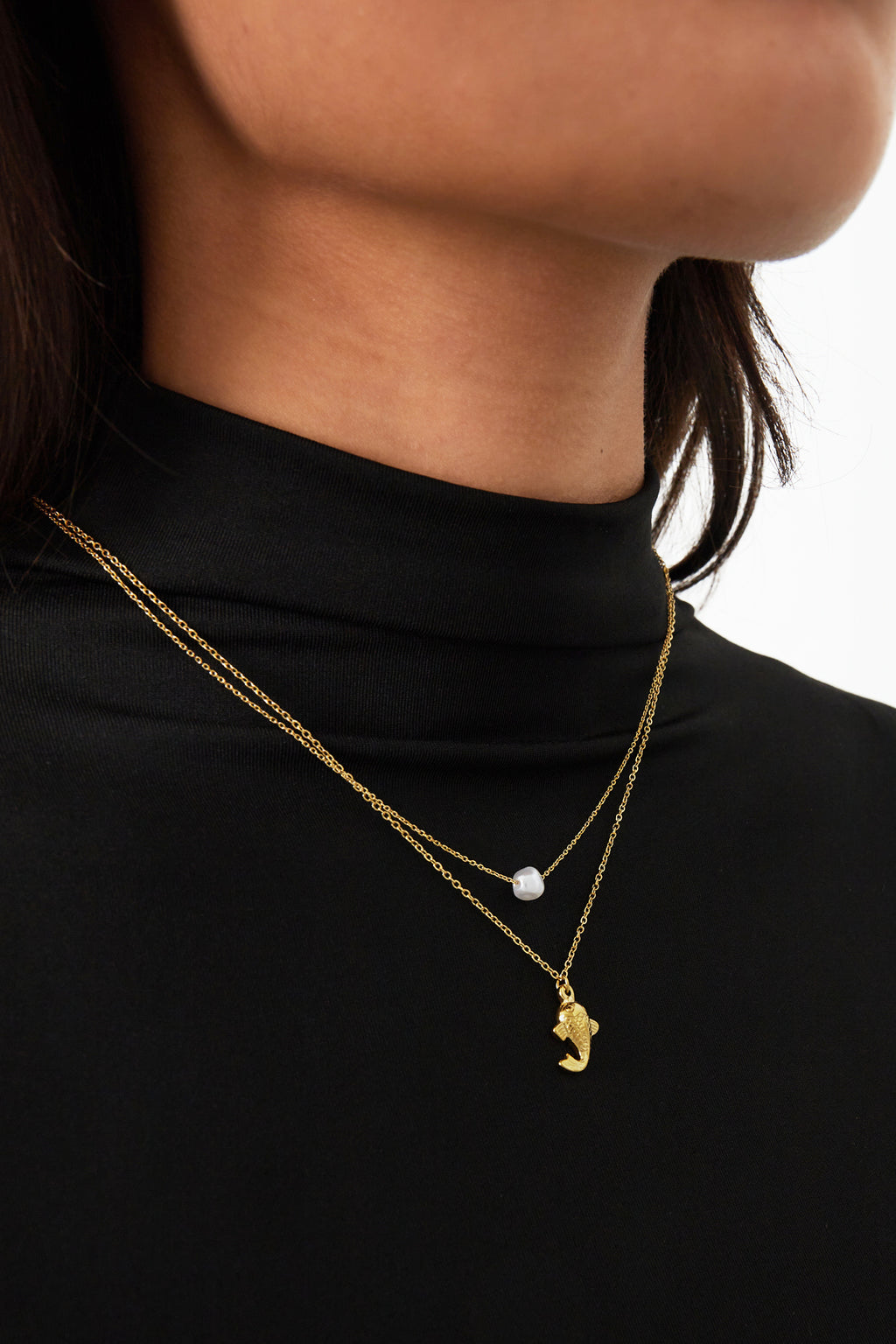 Fish and pearl Necklace - Goud kleur