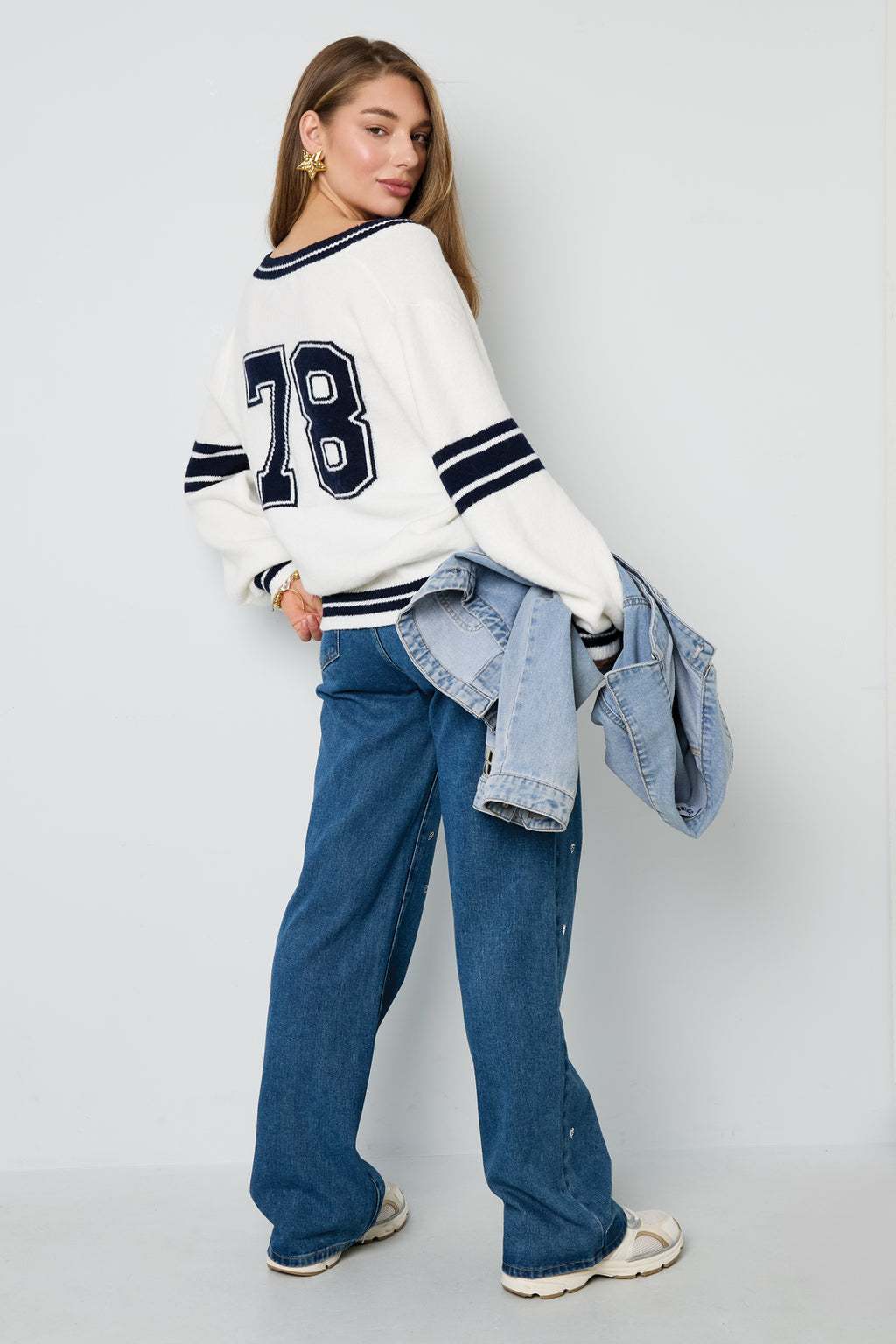 Gebreide Polyestervezel Vrouwen V-hals Trui Sportief Contrasterende Strepen