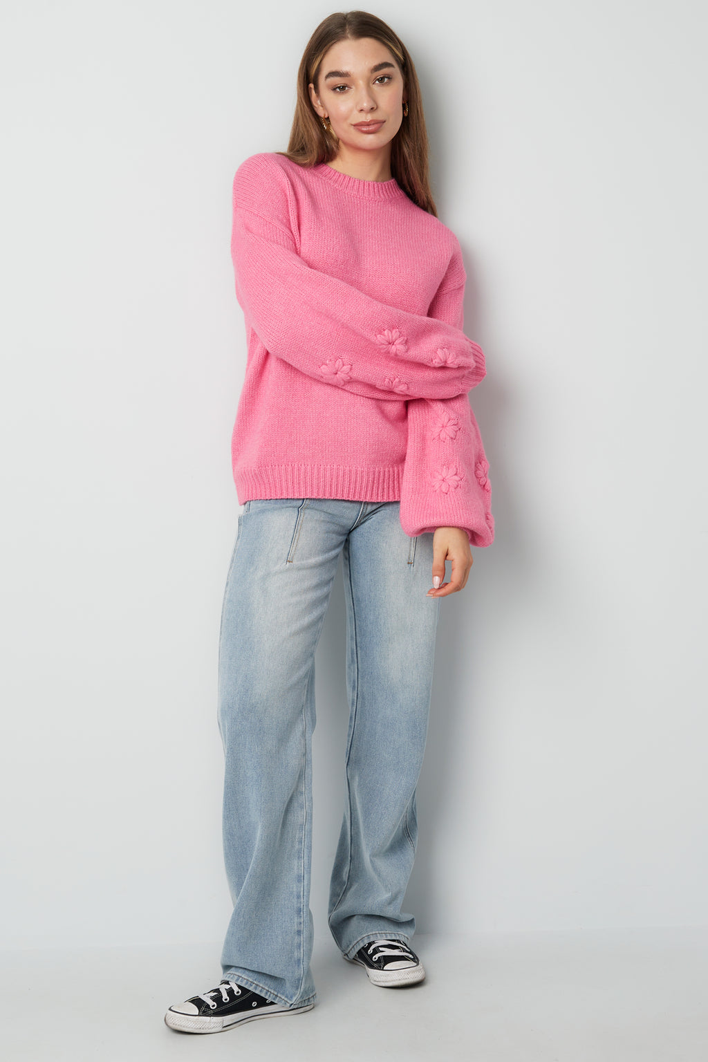 Gebreide Wolmix Vrouwen Oversized Trui Bloemen Appliqué