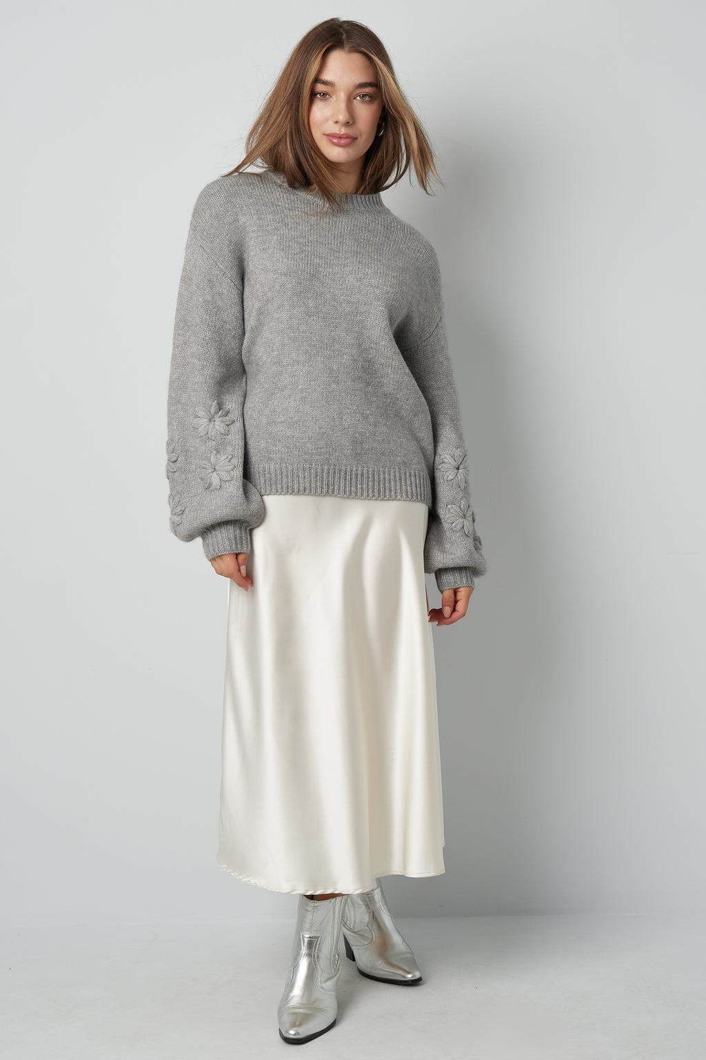 Gebreide Wolmix Vrouwen Oversized Trui Bloemen Appliqué