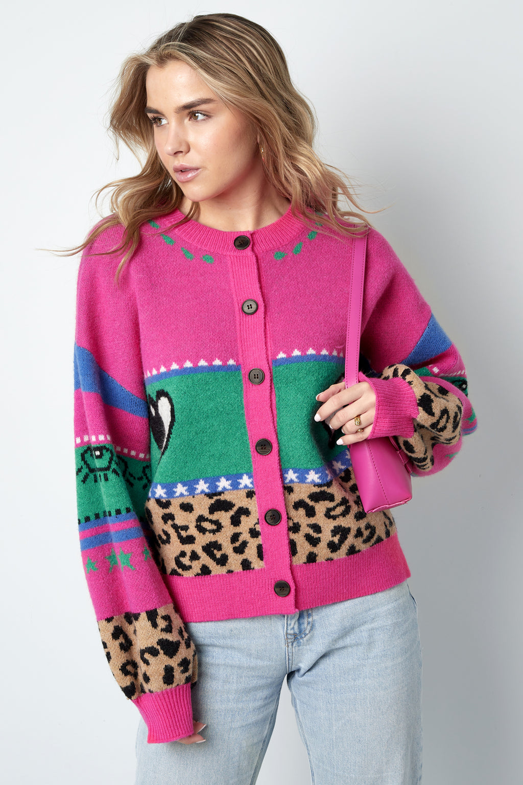 Gebreide Wolmix Vrouwen Cardigan Oversized Gepatroneerd Ontwerp