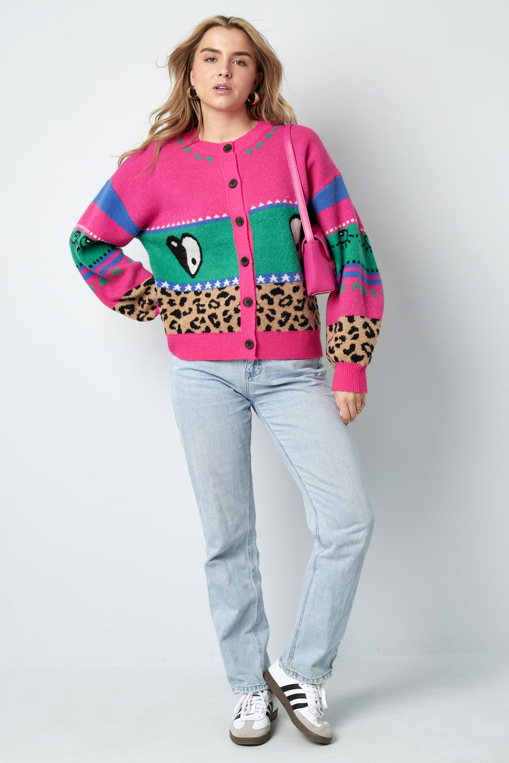 Gebreide Wolmix Vrouwen Cardigan Oversized Gepatroneerd Ontwerp