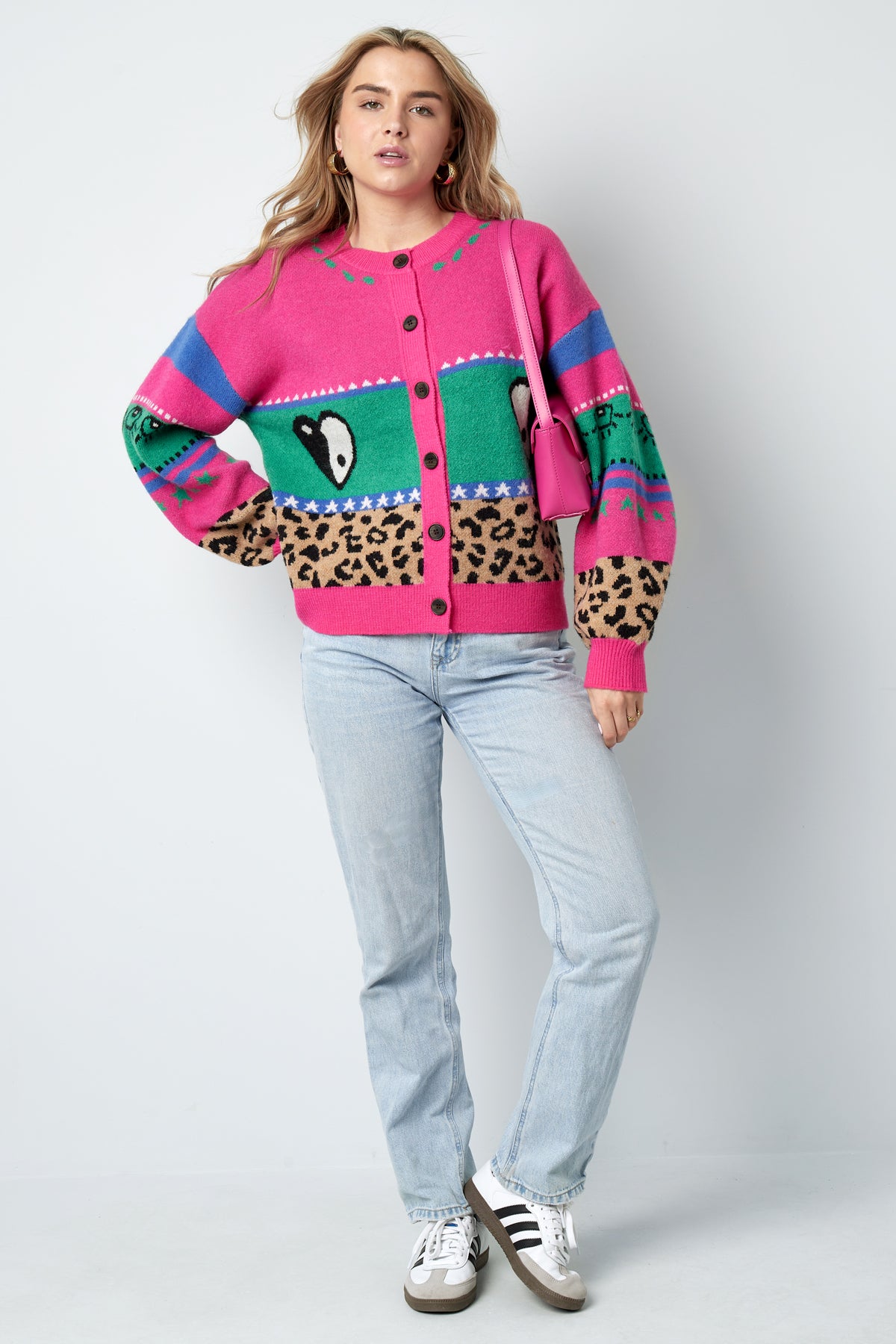 Gebreide Wolmix Vrouwen Cardigan Oversized Gepatroneerd Ontwerp