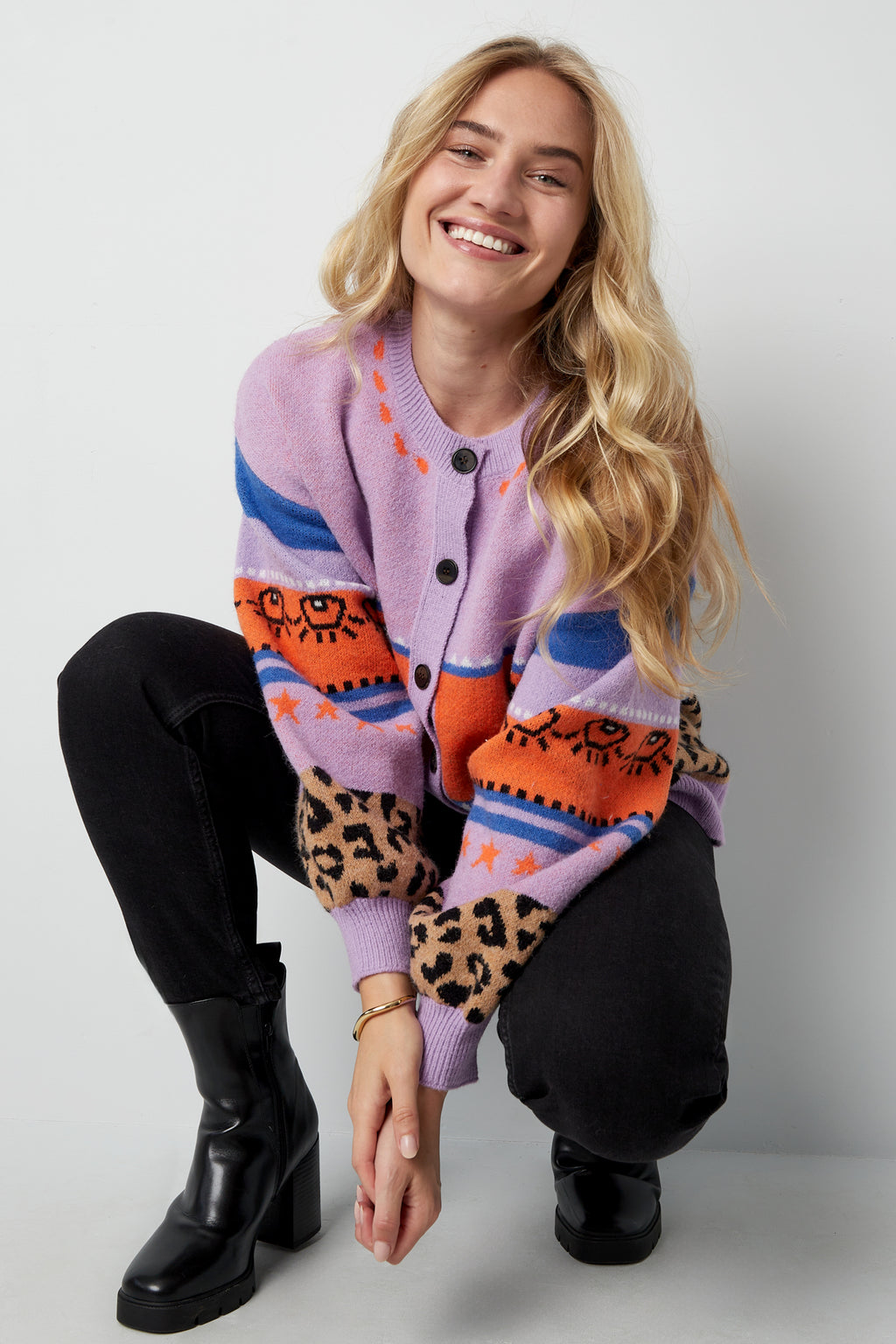 Gebreide Wolmix Vrouwen Cardigan Oversized Gepatroneerd Ontwerp