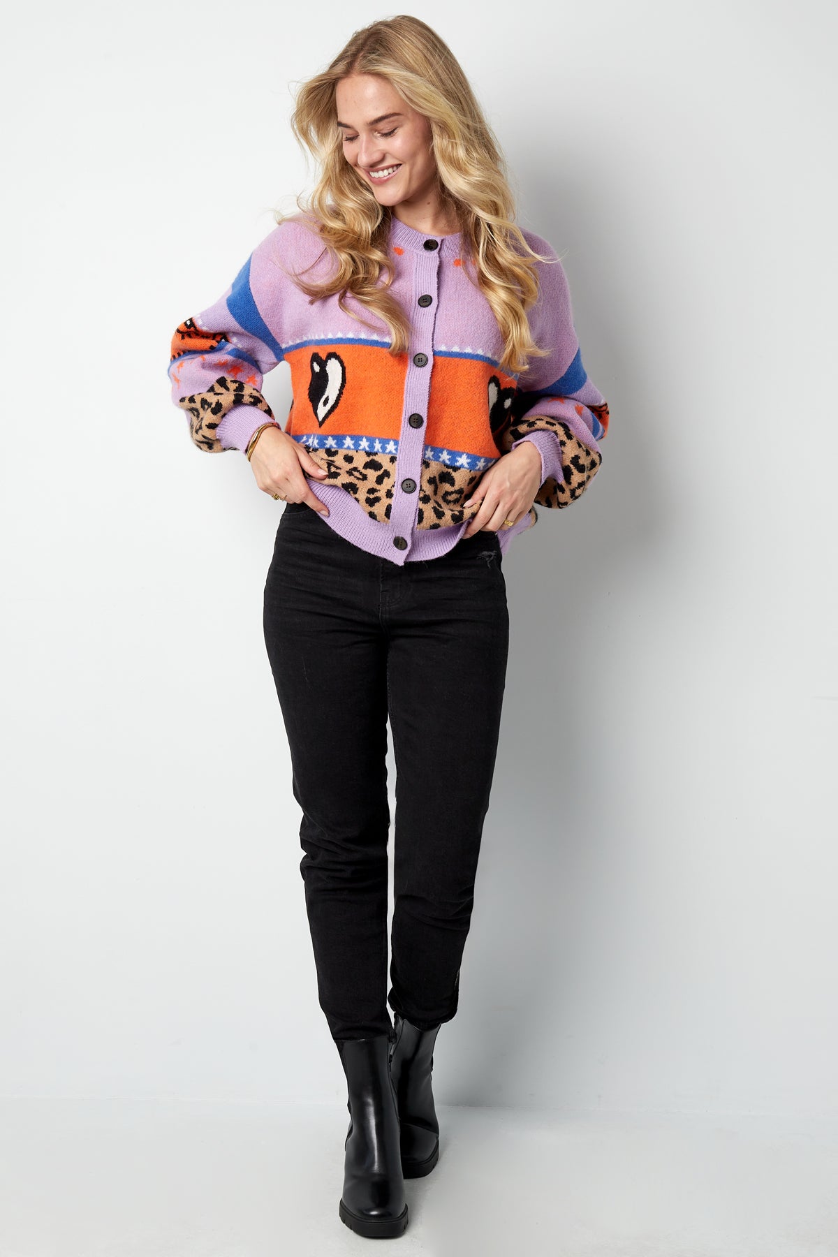 Gebreide Wolmix Vrouwen Cardigan Oversized Gepatroneerd Ontwerp