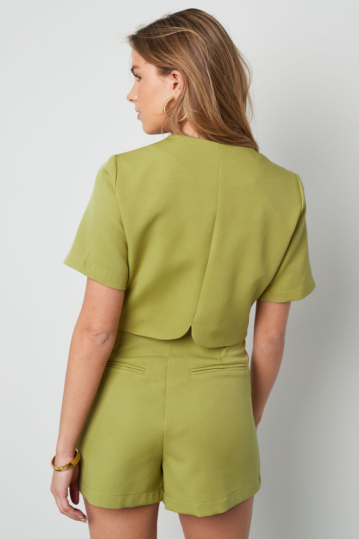 Polyester Vrouwen Korte Mouw Top Geknipte Stijl Gespeld Voorkant