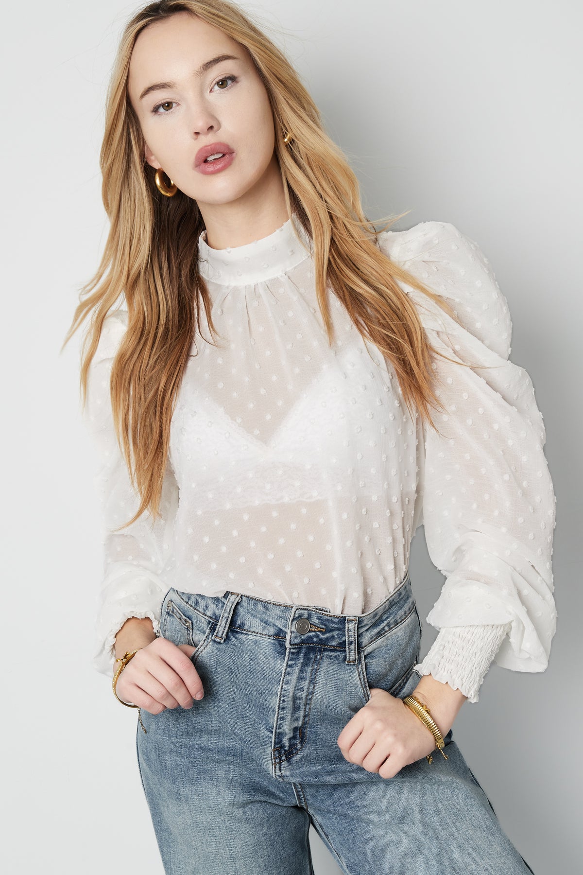 Polyester Vrouwen Lange Mouw Top Puff Sleeve Hoge Hals
