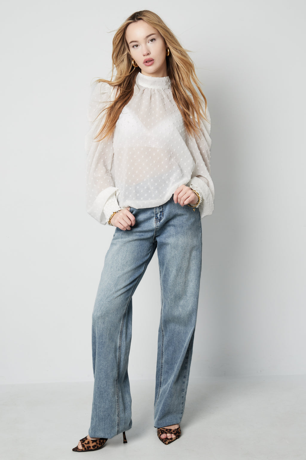 Polyester Vrouwen Lange Mouw Top Puff Sleeve Hoge Hals