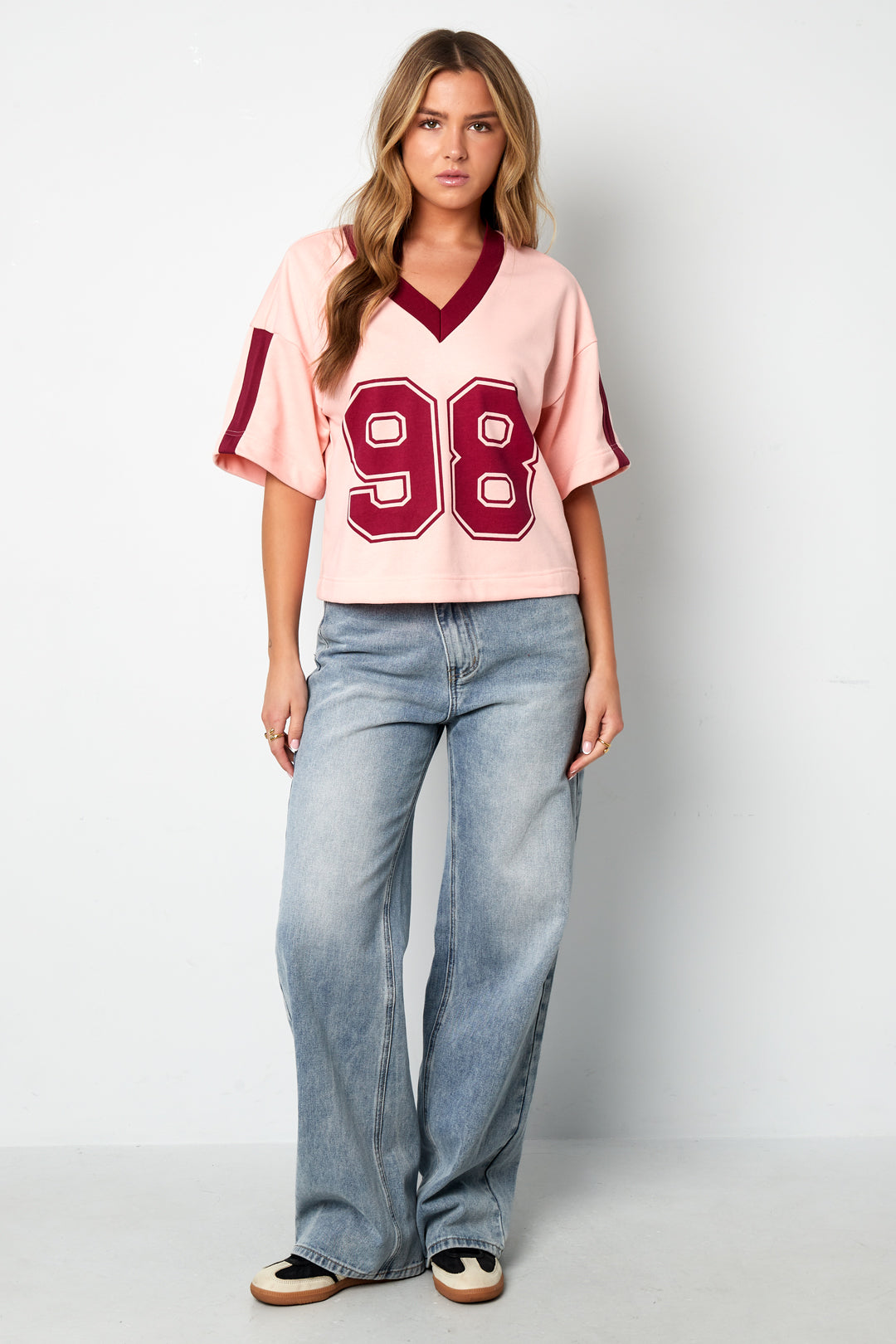 Gebreide Katoen Vrouwen V-hals T-shirt Sportief Kleurcontrast