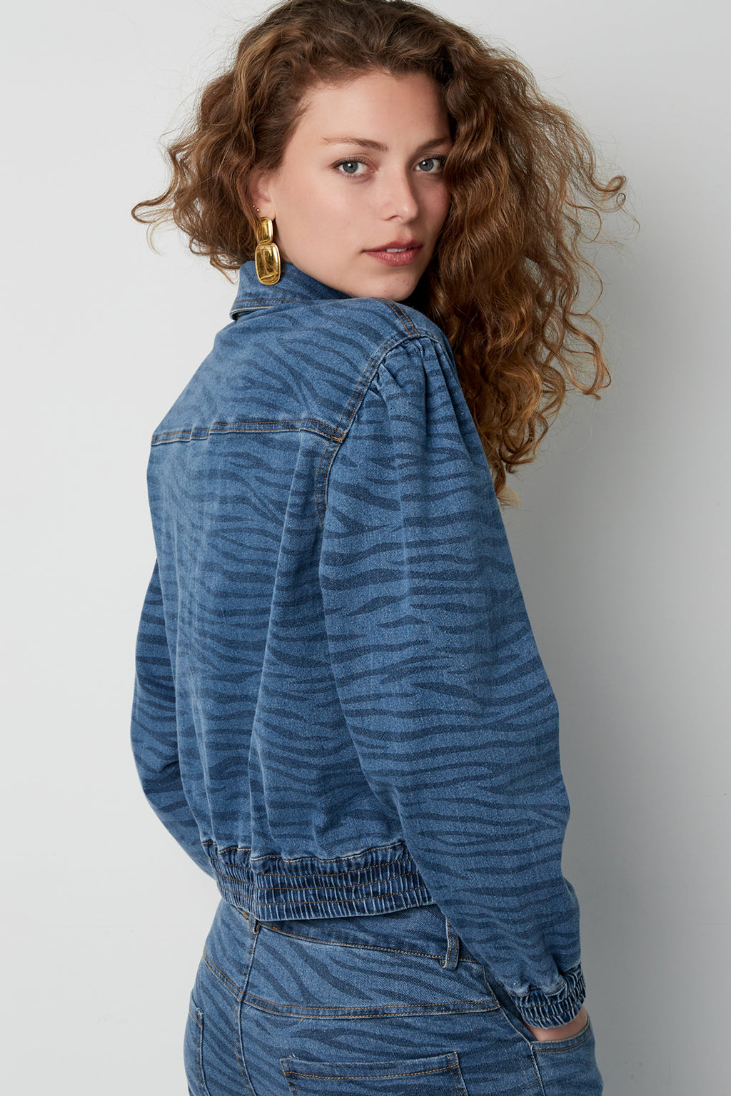 Denim Vrouwen Jas Kort Tiger Stripe Patroon