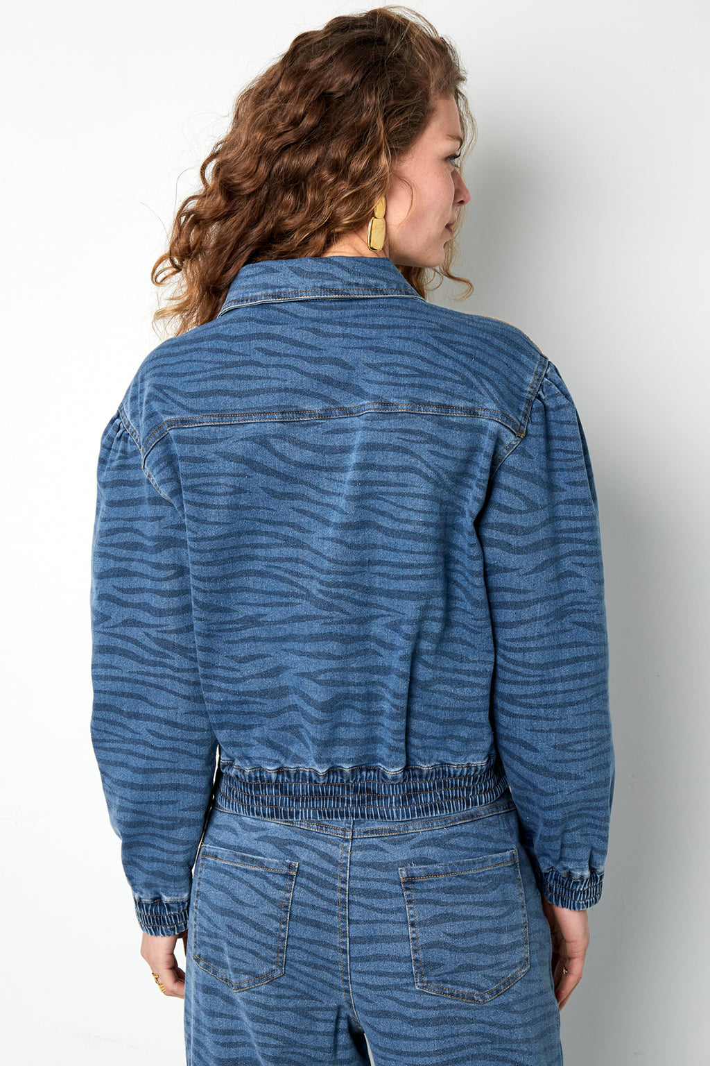 Denim Vrouwen Jas Kort Tiger Stripe Patroon