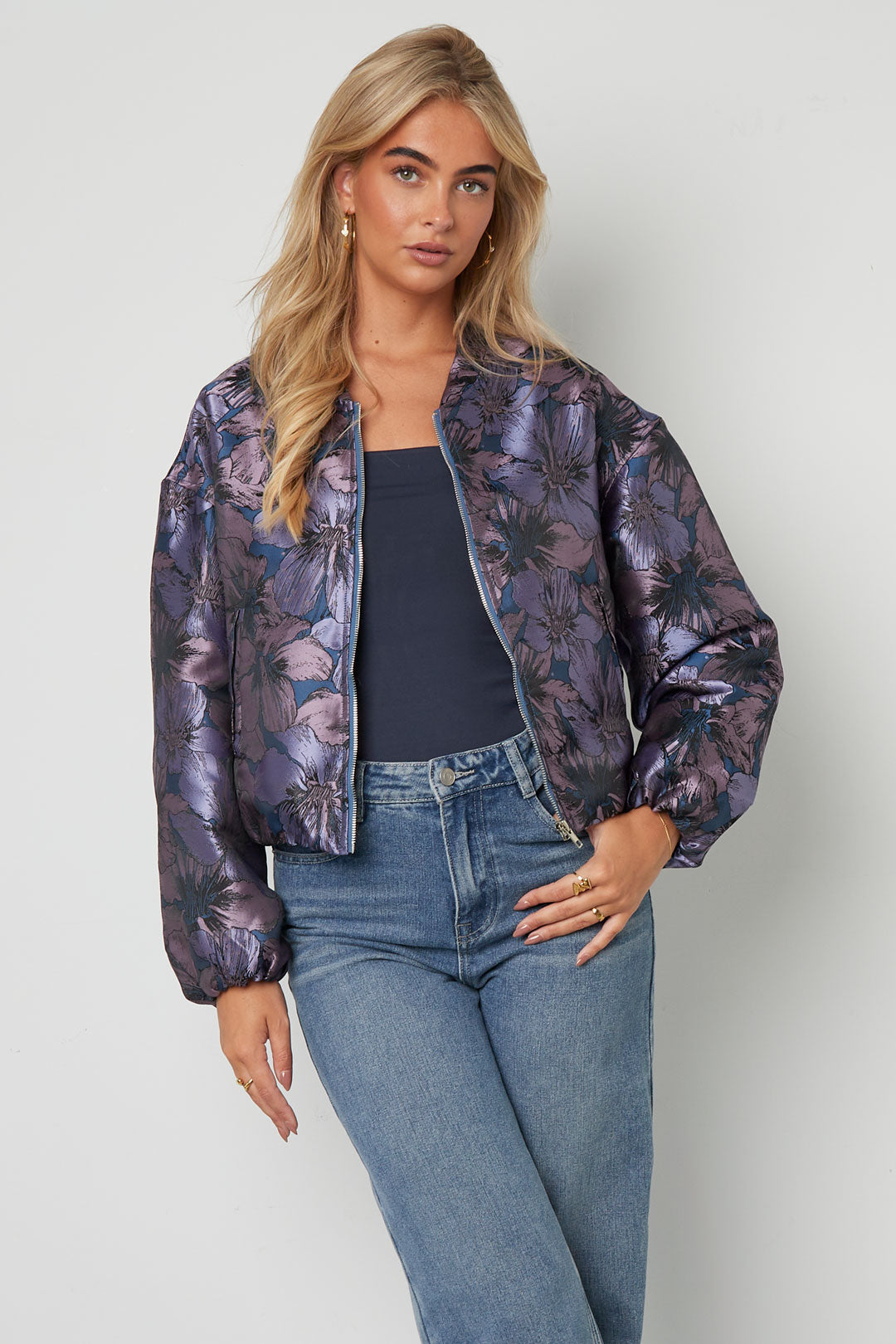 Woven Polyester Fiber Vrouwen Bomber Jas Casual Bloemenprint
