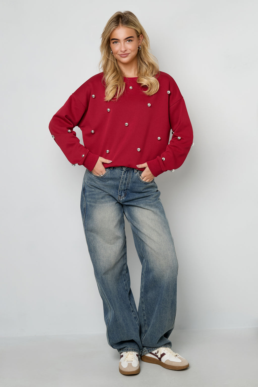 Gebreide Katoen Vrouwen Lange Mouw Top Casual Polkadots