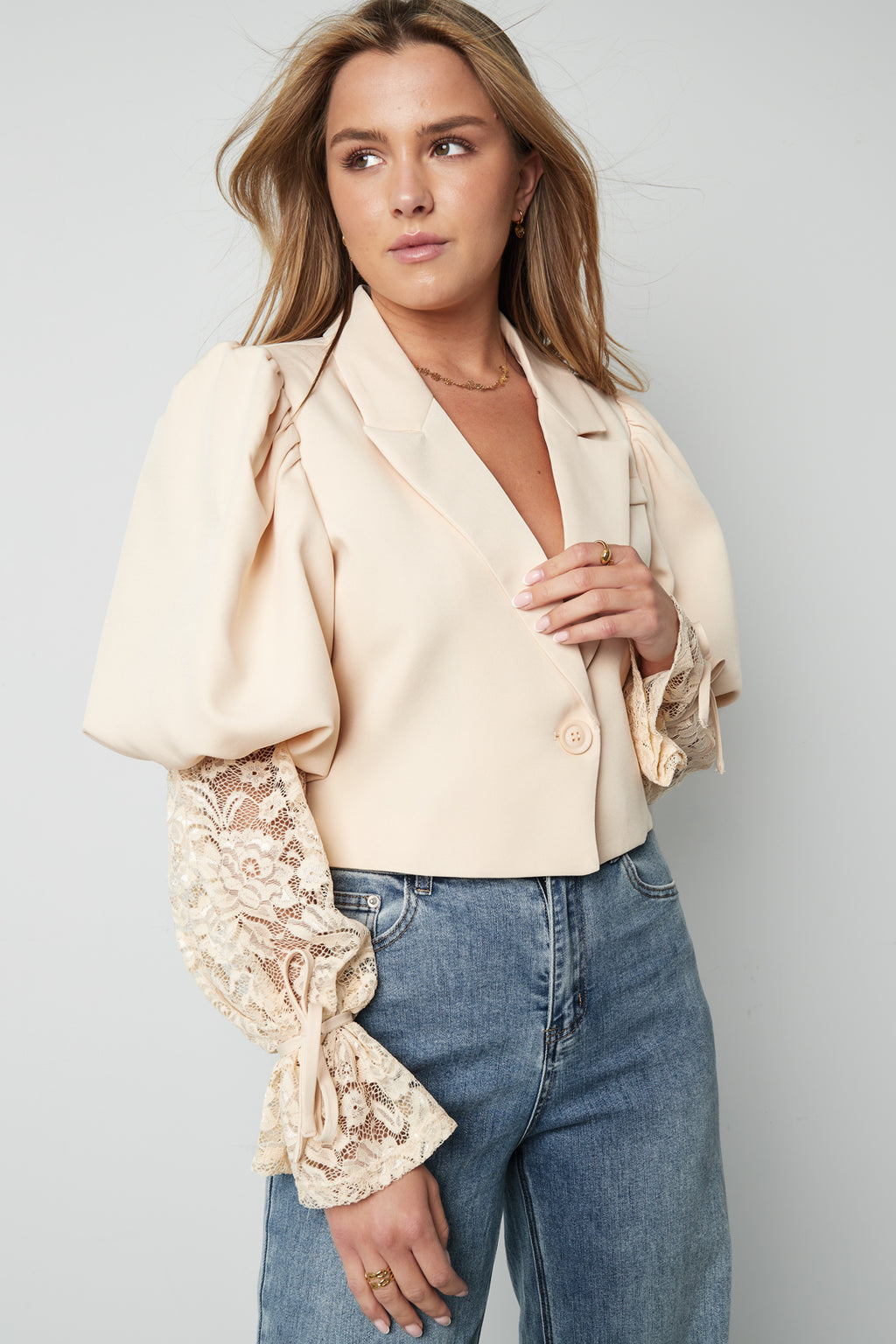 Katoenmix Vrouwen Jas Pofmouw Kanten Inzet