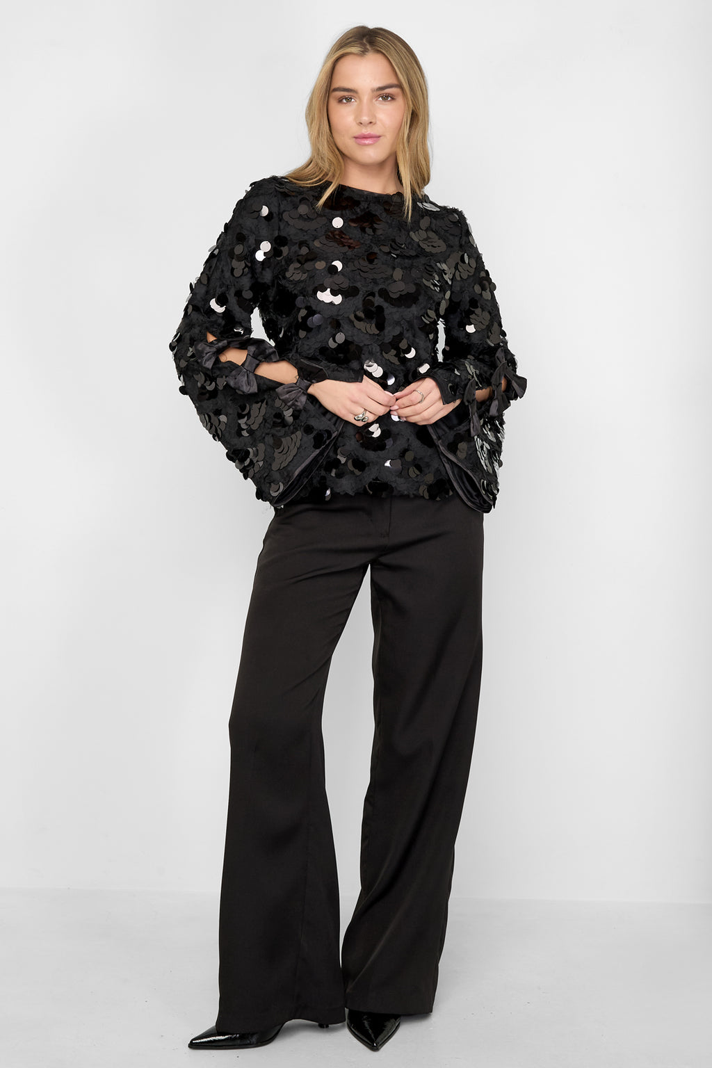 Woven Polyester Fiber Vrouwen Lange Mouwen Tops Elegant Sequins Statement