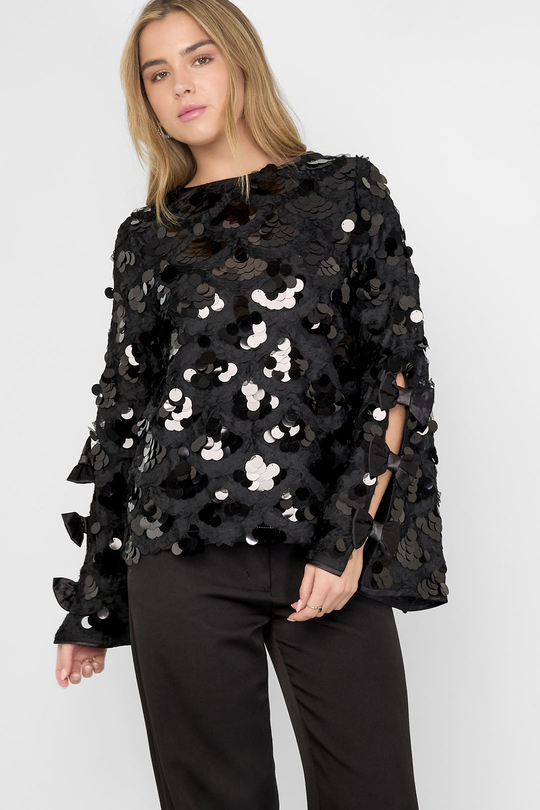 Woven Polyester Fiber Vrouwen Lange Mouwen Tops Elegant Sequins Statement