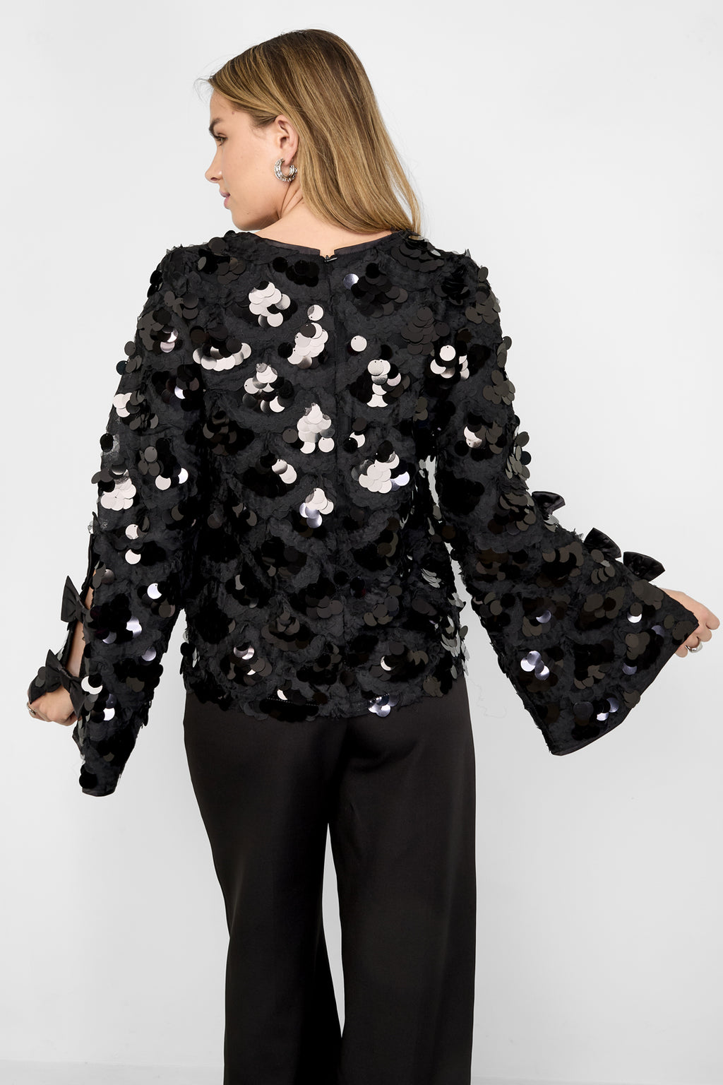 Woven Polyester Fiber Vrouwen Lange Mouwen Tops Elegant Sequins Statement