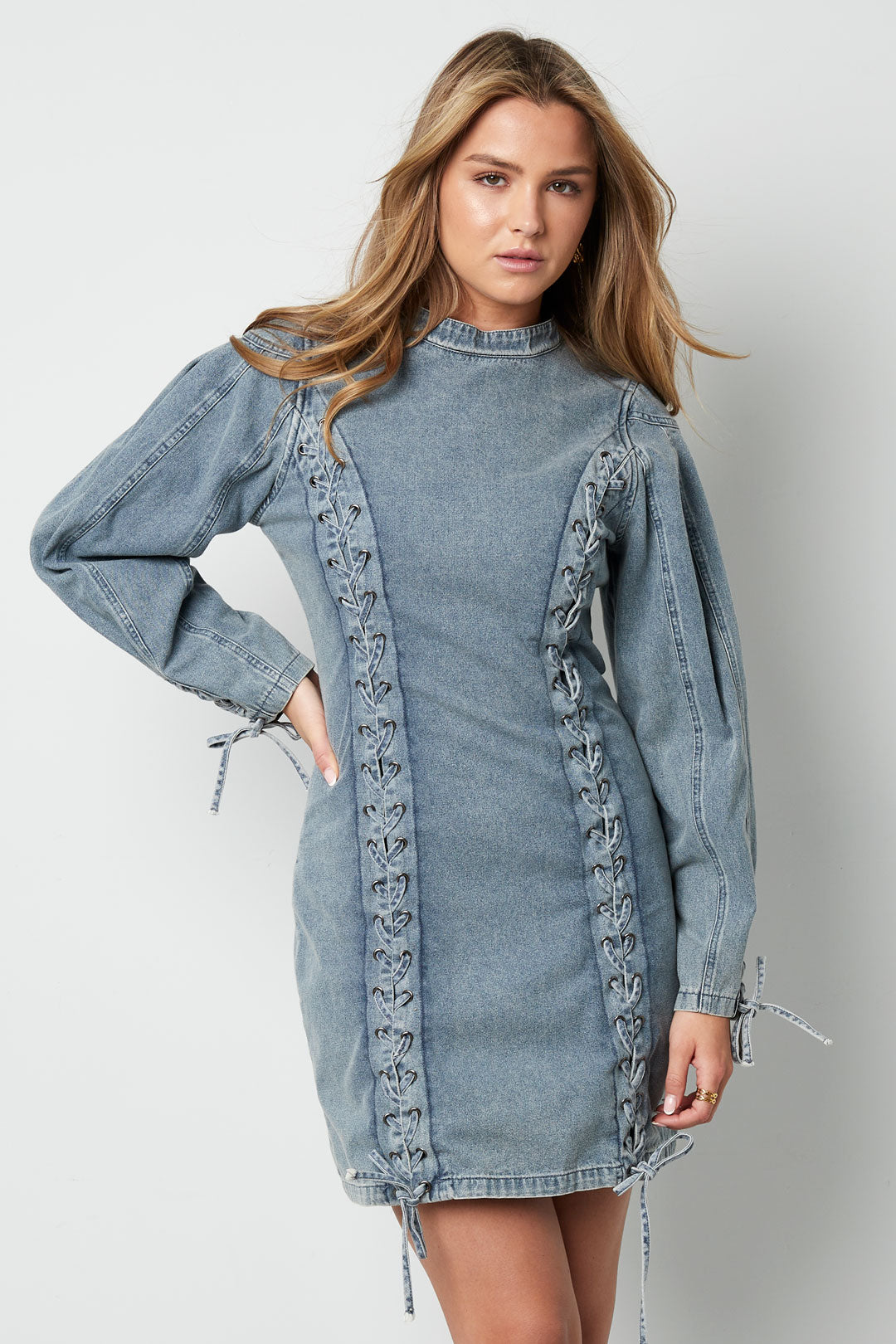 Cotton Woven Denim Dress Elegant Tie-up Solid Color